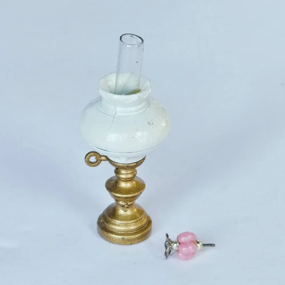 Vtg Dollhouse Brass Victorian Mini Oil Lamp Hurricane Gold White Shabby Chic